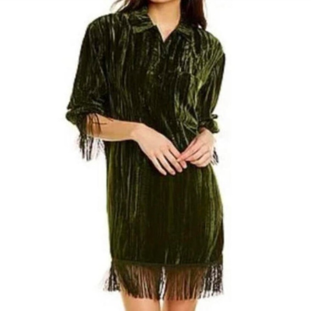 SOMETHING NAVY green velvet velour long sleeve fringe dress